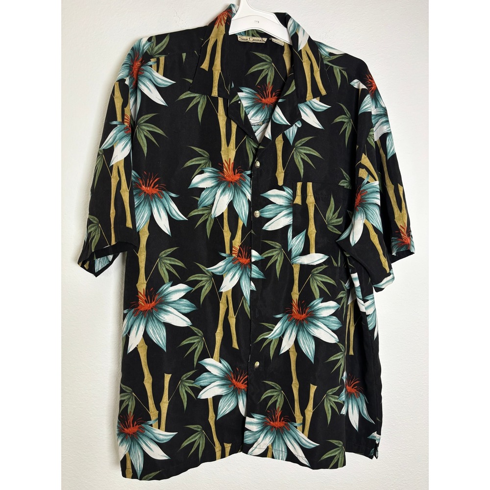 Sun Casuals Mens XL Hawaiian Shirt Black Bamboo Floral Tropical Camp Button Up